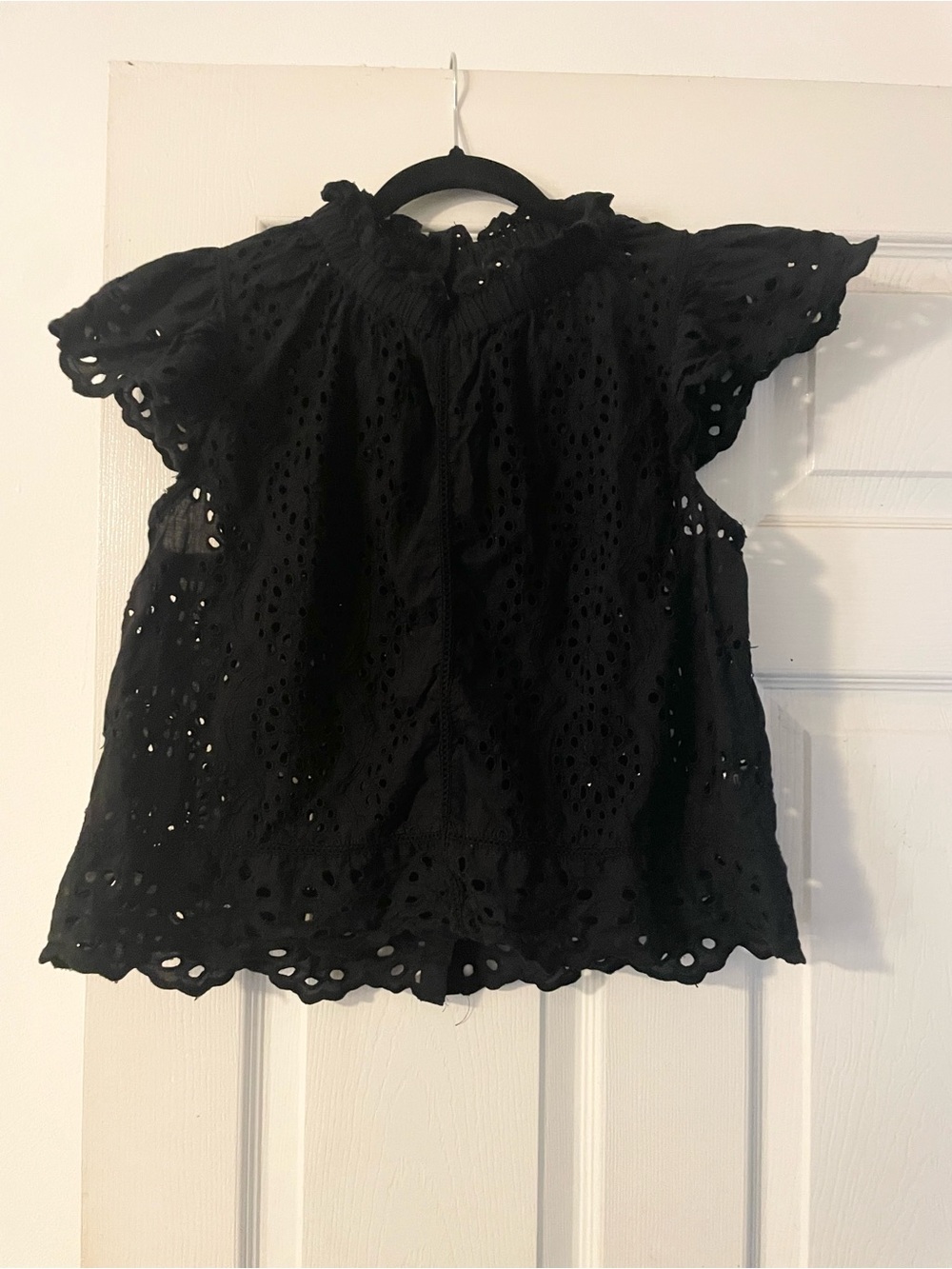 Black Eyelet Ruffle Cap-Sleeve Top - Black